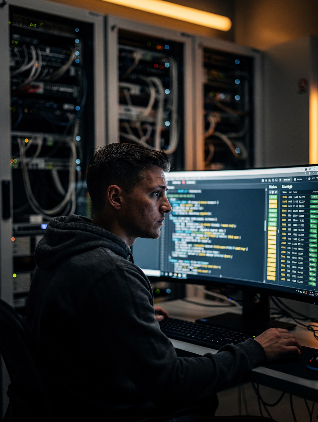 Software Quality Assurance Expert analyzing digital applications in modern laboratory